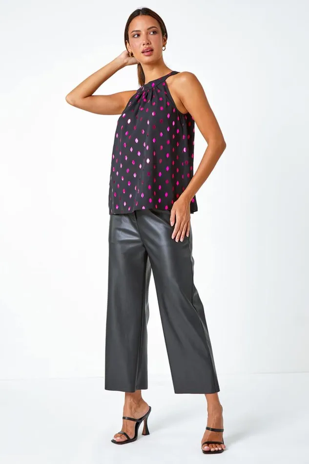 Pink Metallic Polka Dot Print Halterneck Top Women Roman Tops