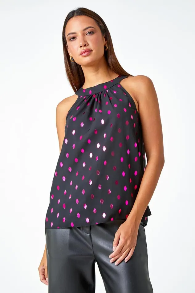 Pink Metallic Polka Dot Print Halterneck Top Women Roman Tops