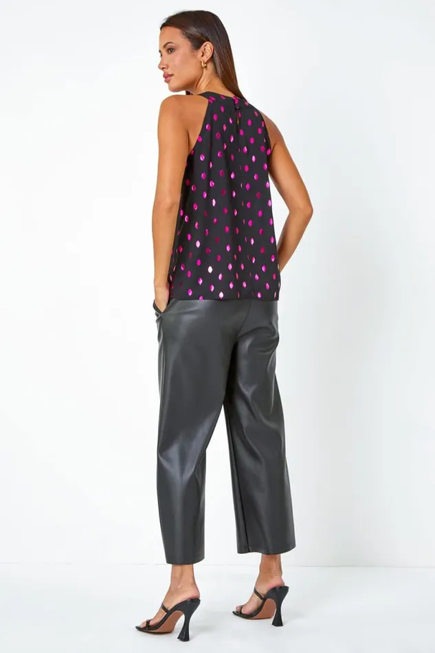 Pink Metallic Polka Dot Print Halterneck Top Women Roman Tops