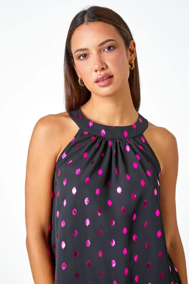 Pink Metallic Polka Dot Print Halterneck Top Women Roman Tops