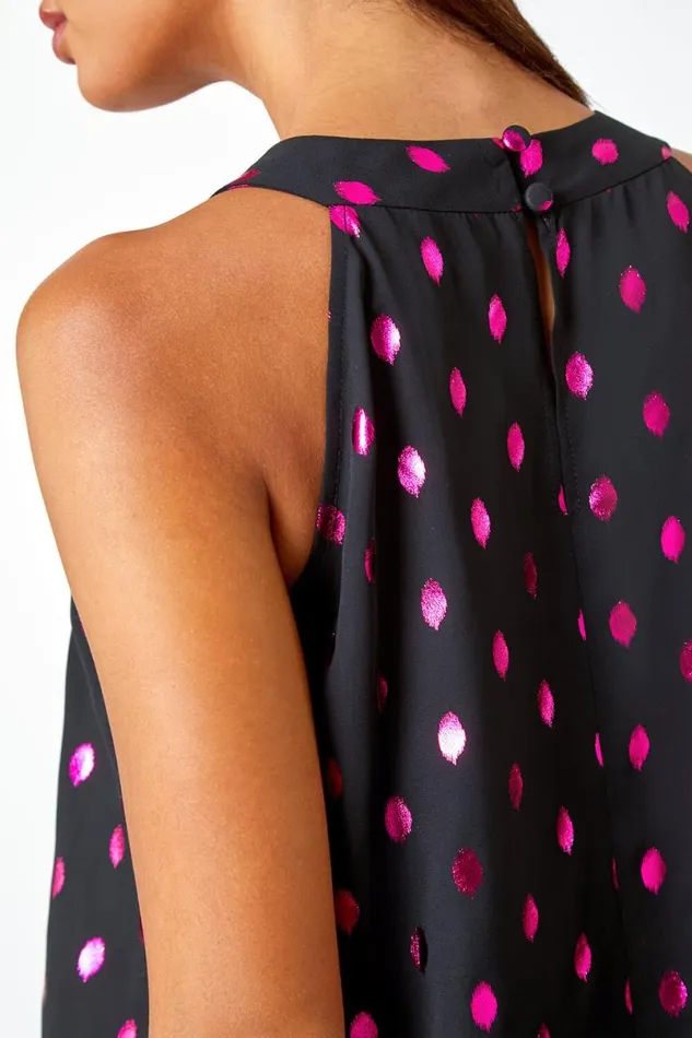 Pink Metallic Polka Dot Print Halterneck Top Women Roman Tops