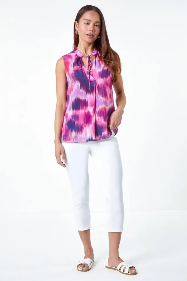 Pink Petite Abstract Print Tie Detail Top Women Roman Tops
