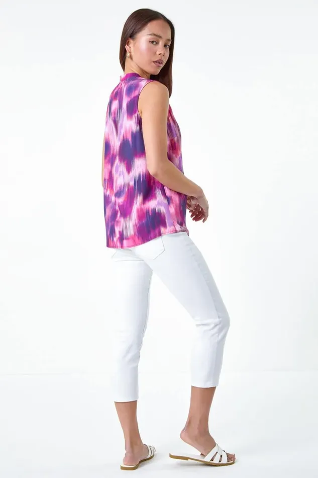 Pink Petite Abstract Print Tie Detail Top Women Roman Tops