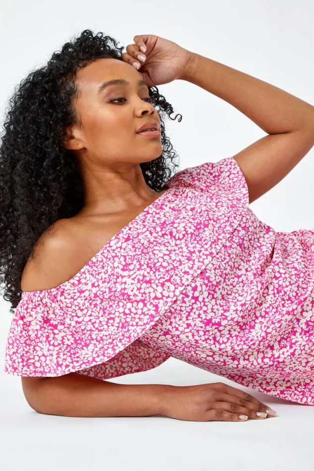Pink Petite Ditsy Print Bardot Top Women Roman Tops