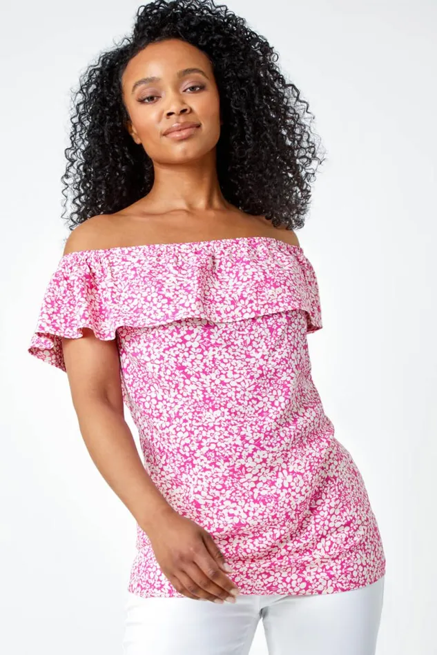 Pink Petite Ditsy Print Bardot Top Women Roman Tops
