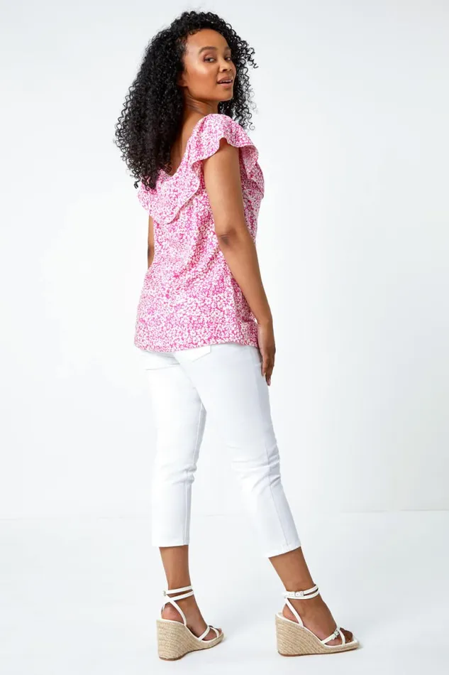 Pink Petite Ditsy Print Bardot Top Women Roman Tops