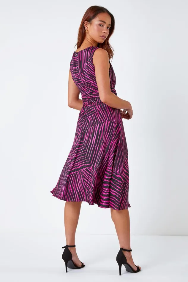Pink Petite Geometric Print Buckle Dress Women Roman Dresses