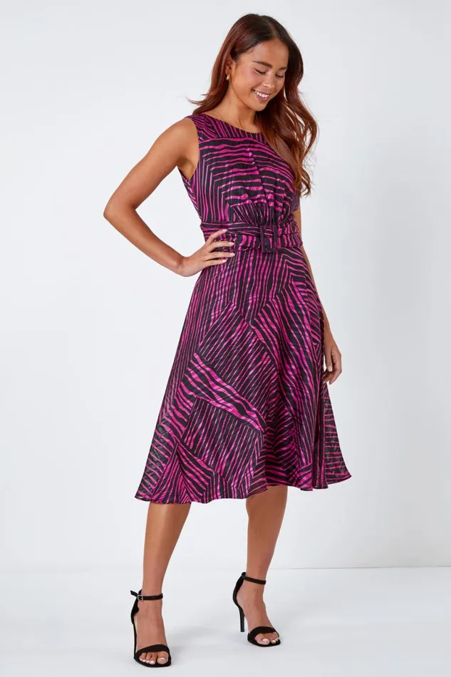 Pink Petite Geometric Print Buckle Dress Women Roman Dresses