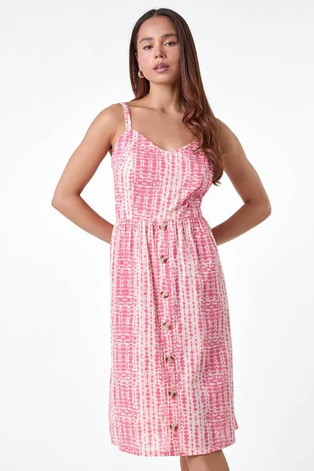 Pink Petite Tie Dye Button Front Dress Women Roman Dresses