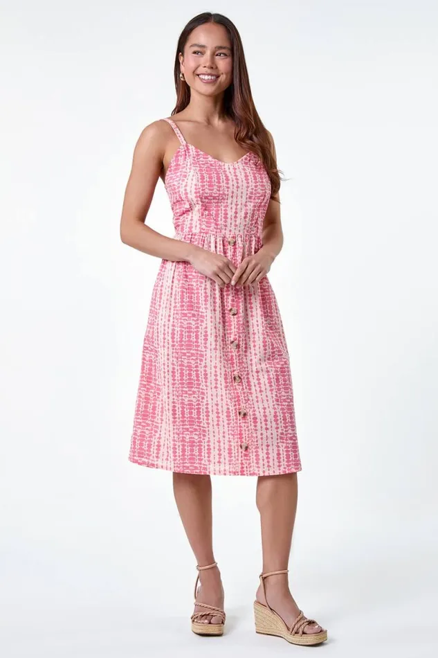 Pink Petite Tie Dye Button Front Dress Women Roman Dresses