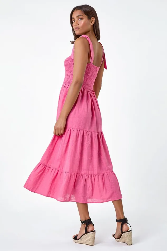 Pink Shirred Tie Cotton Tiered Midi Dress Women Roman Dresses