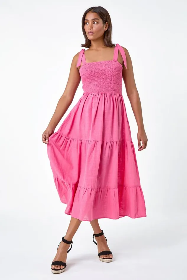 Pink Shirred Tie Cotton Tiered Midi Dress Women Roman Dresses