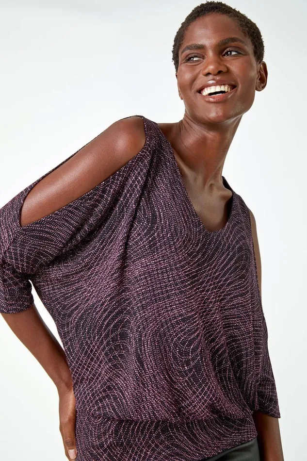 Pink Swirl Print VNeck Glitter Blouson Top Women Roman Tops