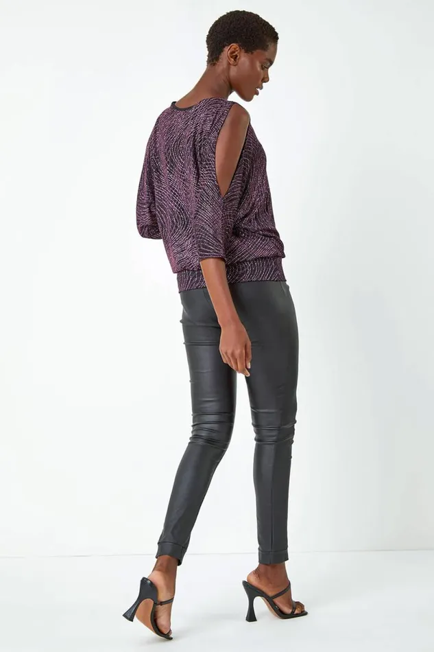 Pink Swirl Print VNeck Glitter Blouson Top Women Roman Tops