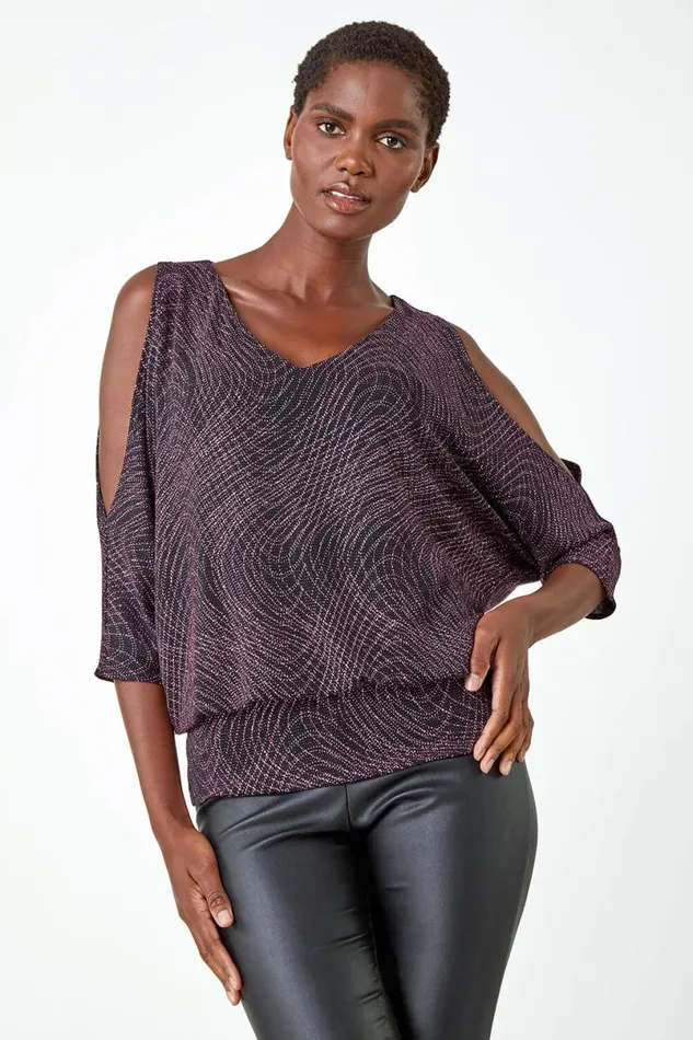 Pink Swirl Print VNeck Glitter Blouson Top Women Roman Tops