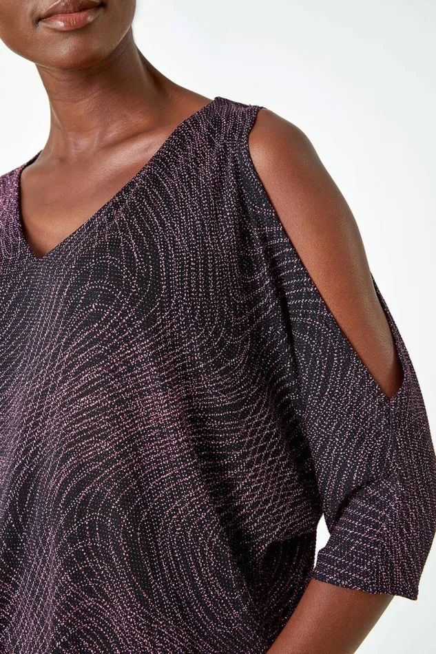 Pink Swirl Print VNeck Glitter Blouson Top Women Roman Tops