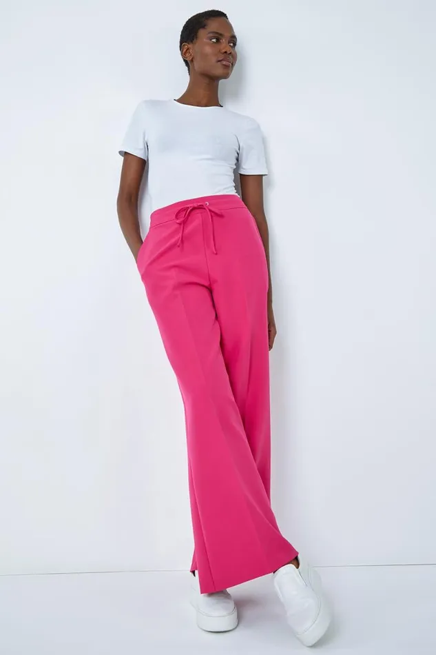 Pink Wide Leg Elastic Waist Tie Front Trouser Women Roman Trousers
