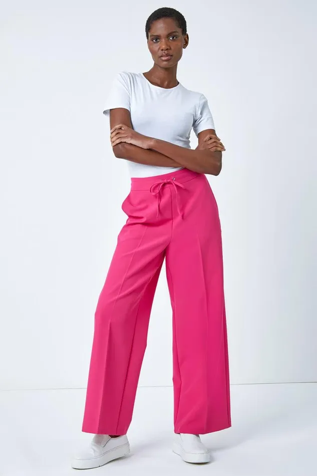 Pink Wide Leg Elastic Waist Tie Front Trouser Women Roman Trousers
