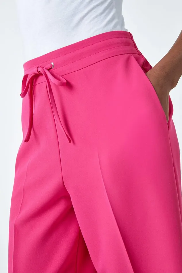 Pink Wide Leg Elastic Waist Tie Front Trouser Women Roman Trousers