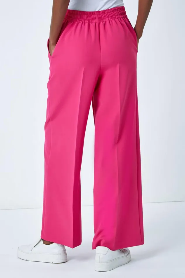Pink Wide Leg Elastic Waist Tie Front Trouser Women Roman Trousers