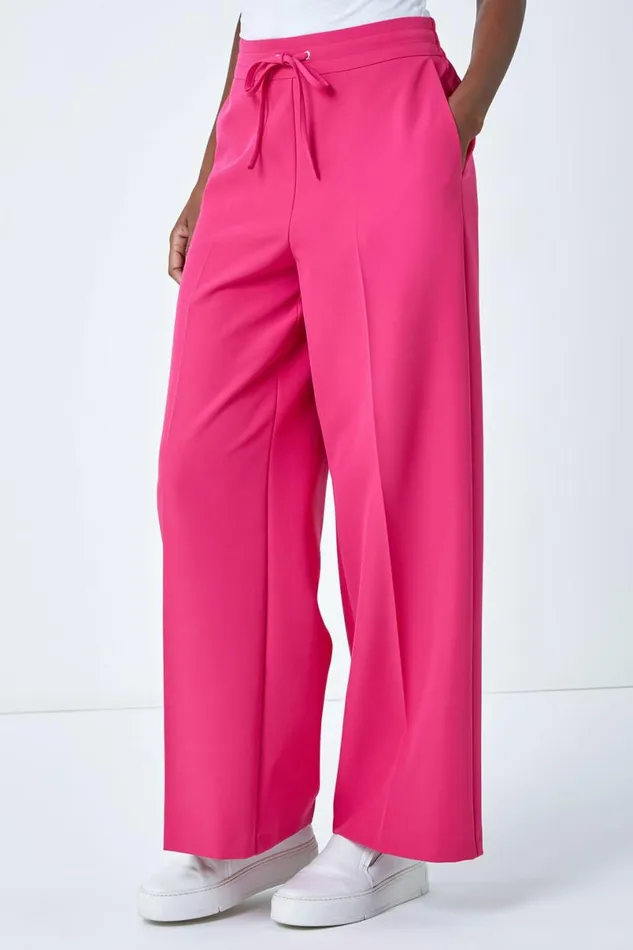 Pink Wide Leg Elastic Waist Tie Front Trouser Women Roman Trousers