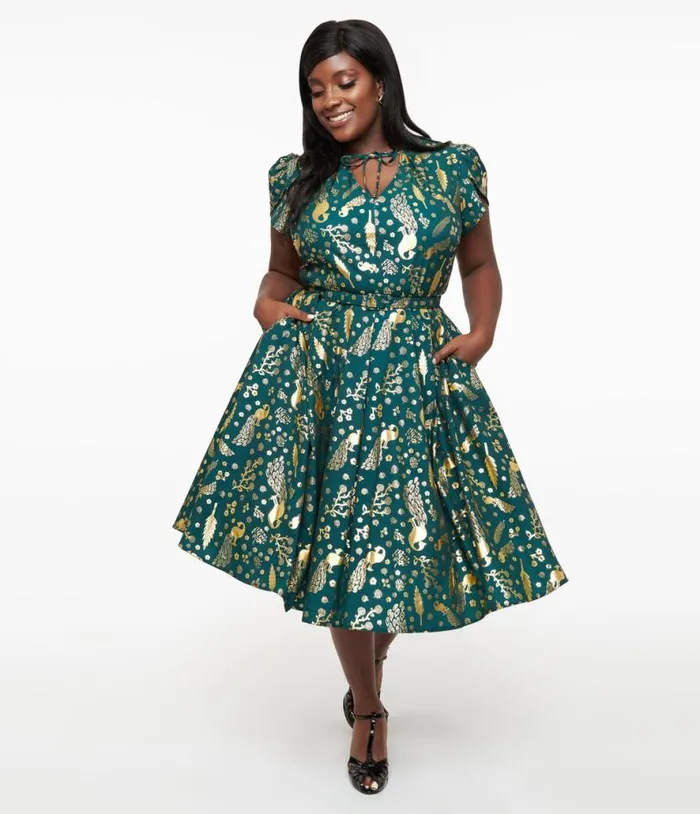 Plus Size 1940s Green and Gold Peacock Print Dahlia Swing Dress DressesPlus Unique Vintage Pocket Dresses