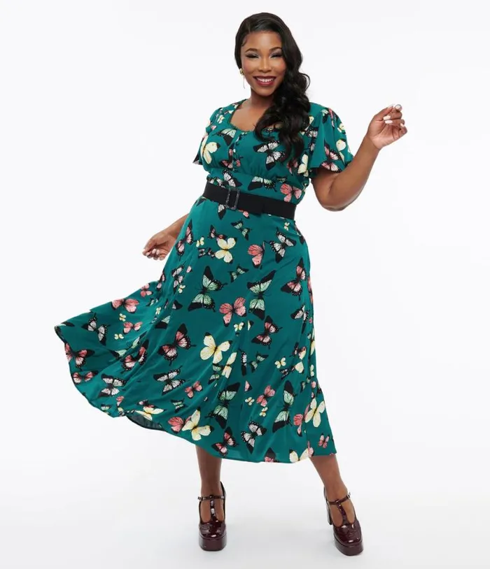 Plus Size 1940s Green Butterfly Print Midi Dress Dresses Unique Vintage Pocket Dresses Plus Size 1940s Green Butterfly Print Midi Dress Dresses Unique Vintage Pocket Dresses