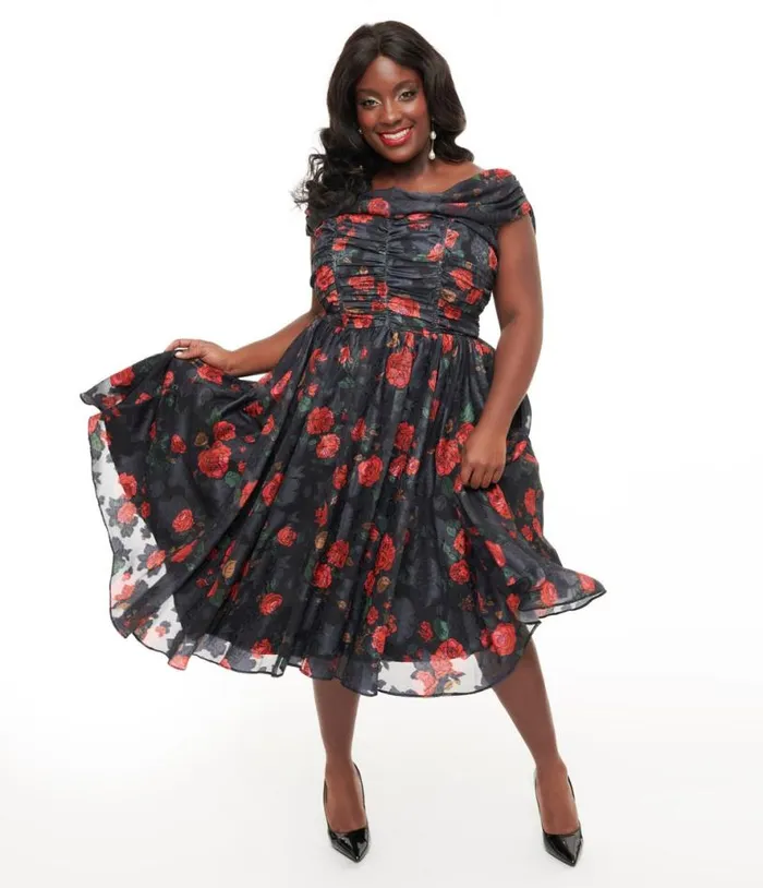Plus Size 1950s Black and Red Rose Off The Shoulder Cocktail Dress DressesPlus Unique Vintage Swing Plus Size 1950s Black and Red Rose Off The Shoulder Cocktail Dress DressesPlus Unique Vintage Swing