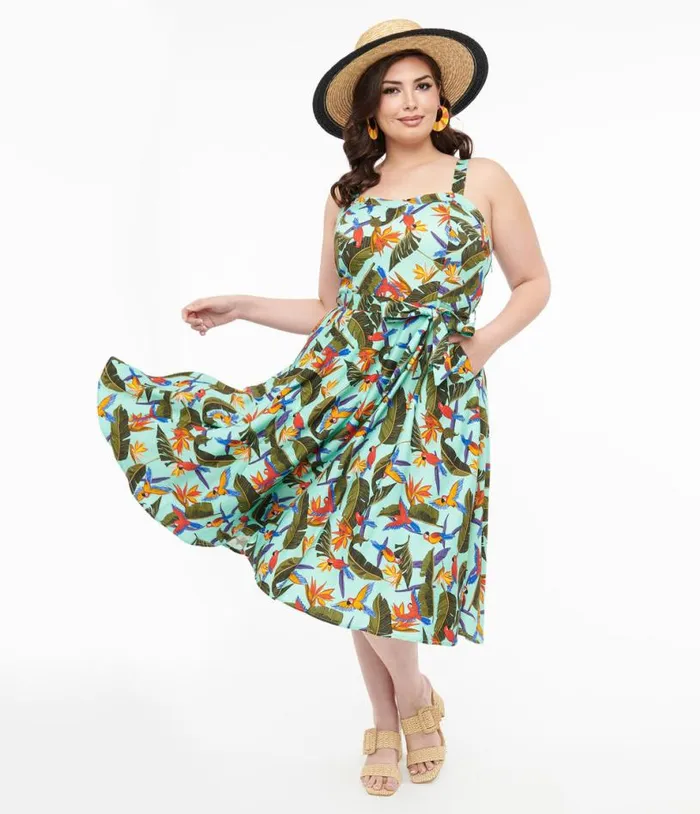 Plus Size 1950s Blue and Green Tropical Parrot Print Lori Swing Dress DressesPlus Unique Vintage Pocket Dresses Plus Size 1950s Blue and Green Tropical Parrot Print Lori Swing Dress DressesPlus Unique Vintage Pocket Dresses