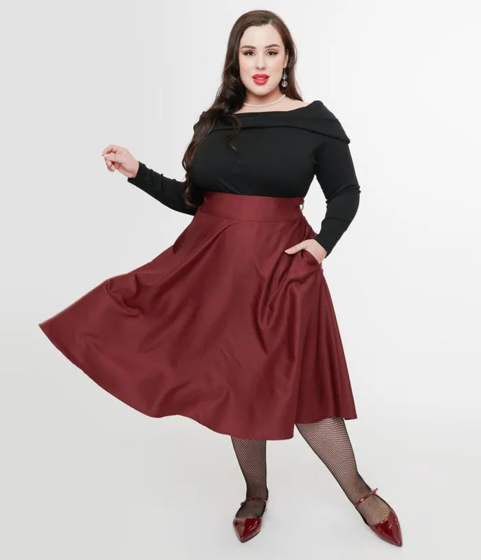 Plus Size 1950s Burgundy High Waist Vivien Swing Skirt ClothingPlus Unique Vintage Skirts Plus Size 1950s Burgundy High Waist Vivien Swing Skirt ClothingPlus Unique Vintage Skirts
