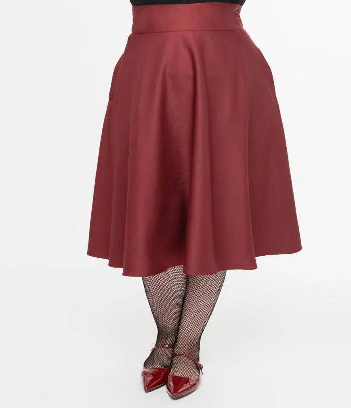 Plus Size 1950s Burgundy High Waist Vivien Swing Skirt ClothingPlus Unique Vintage Skirts