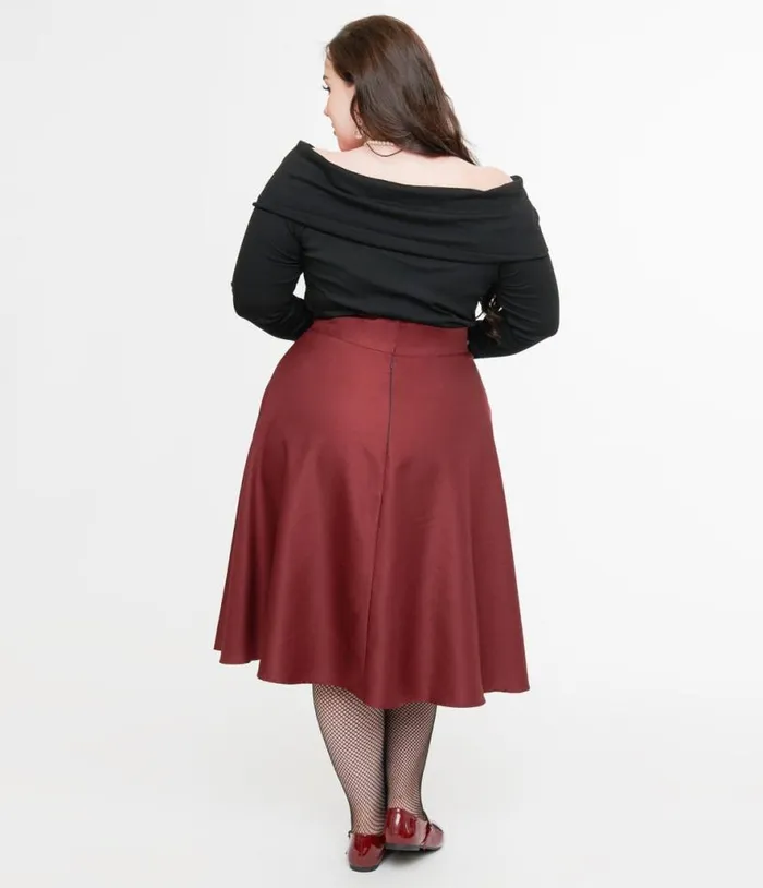 Plus Size 1950s Burgundy High Waist Vivien Swing Skirt ClothingPlus Unique Vintage Skirts