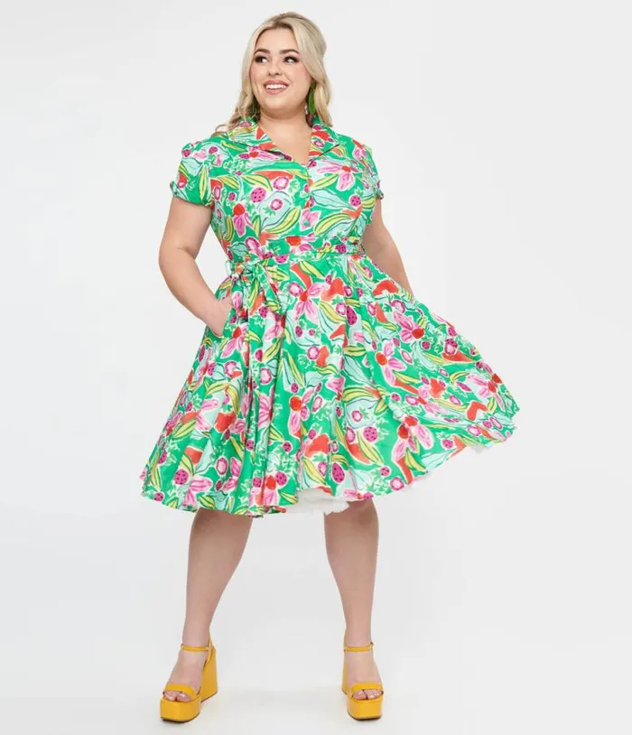 Plus Size 1950s Green and Pink Berry Bloom Print Monroe Fit and Flare Dress DressesPlus Unique Vintage Pocket Dresses Plus Size 1950s Green and Pink Berry Bloom Print Monroe Fit and Flare Dress DressesPlus Unique Vintage Pocket Dresses