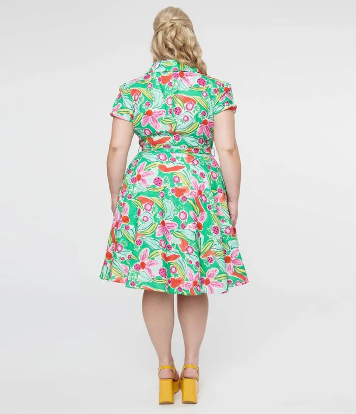 Plus Size 1950s Green and Pink Berry Bloom Print Monroe Fit and Flare Dress DressesPlus Unique Vintage Pocket Dresses