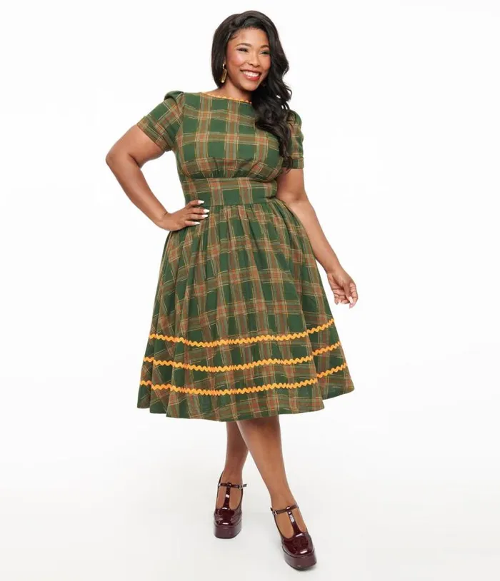 Plus Size 1950s Green Plaid Cotton Swing Dress DressesPlus Unique Vintage Swing