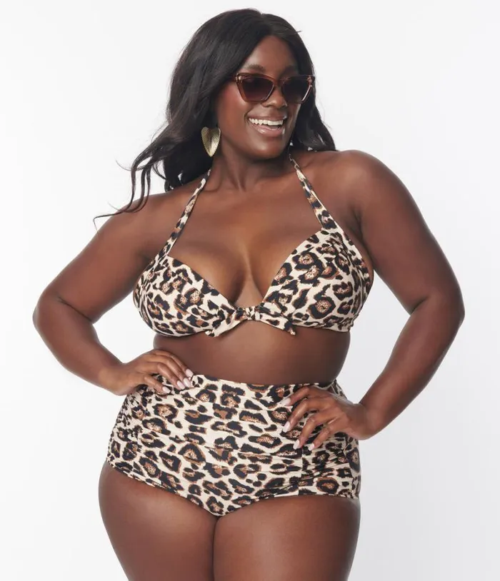 Plus Size 1950s Leopard Monroe Halter Swim Top Plus Unique Vintage Two Piece Swim
