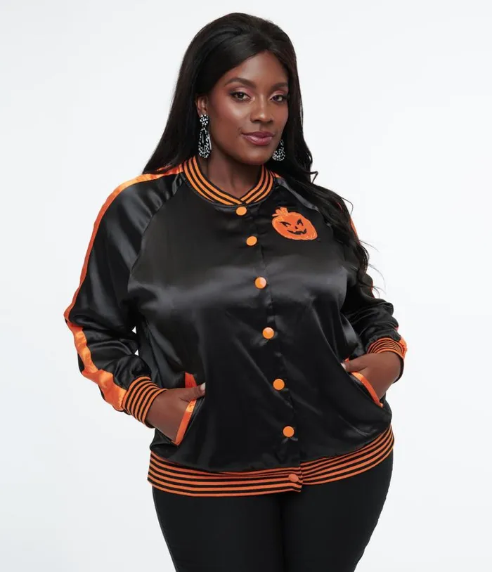 Plus Size Black and Orange Scream Queen Satin Bomber Jacket ClothingHalloweenPlus Unique Vintage Jackets