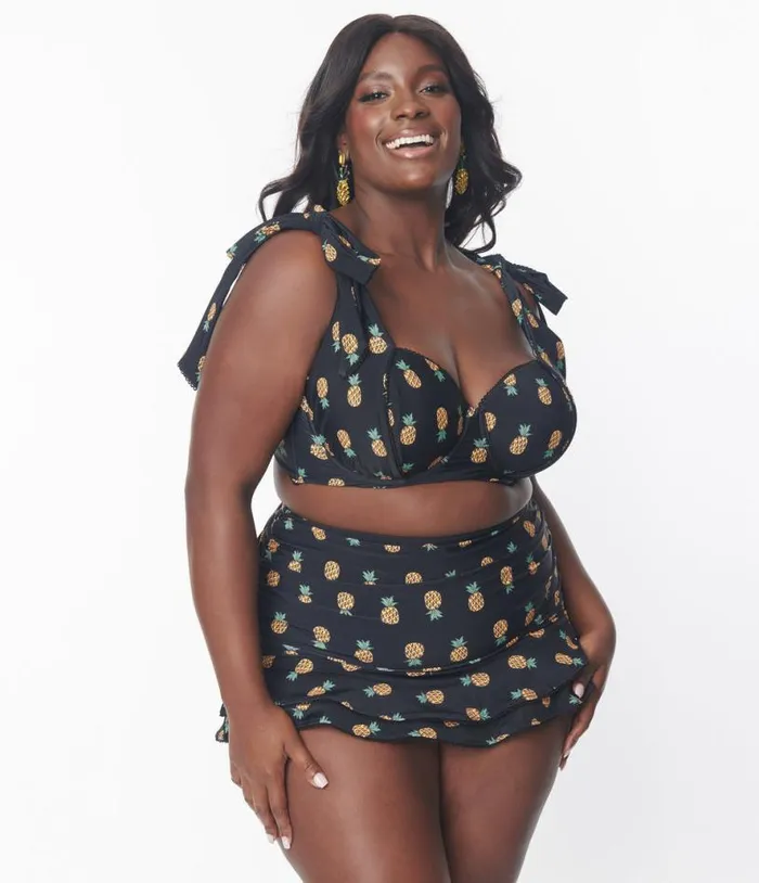 Plus Size Black and Pineapple Print Alice Swim Skirt Plus Unique Vintage Two Piece Swim