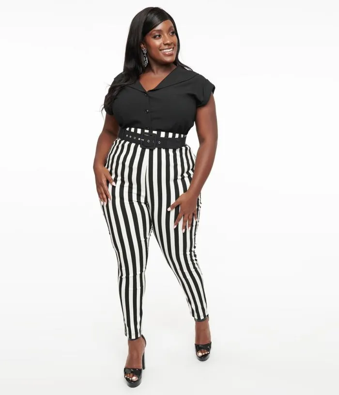 Plus Size Black and White Stripe Belted Rizzo Cigarette Pants ClothingPlus Unique Vintage Pants Plus Size Black and White Stripe Belted Rizzo Cigarette Pants ClothingPlus Unique Vintage Pants