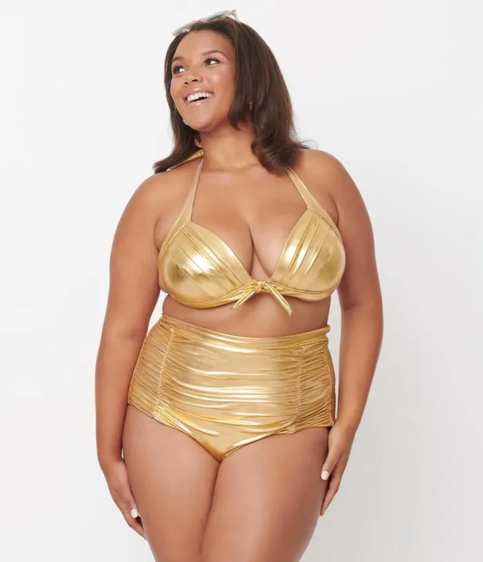 Plus Size Gold Monroe High Waist Swim Bottom Plus Unique Vintage Two Piece Swim