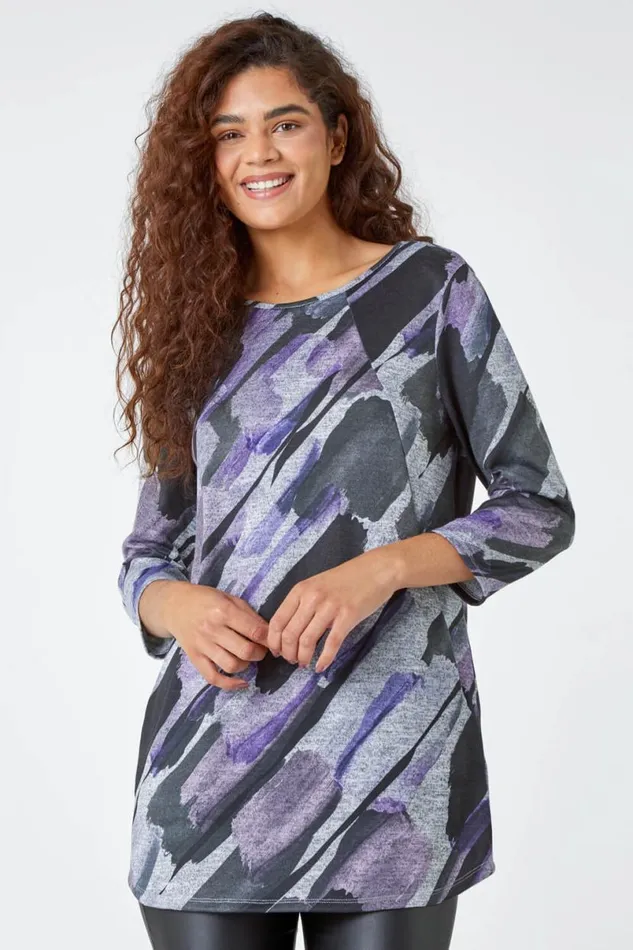 Purple Abstract Print Pocket Detail Tunic Top Women Roman Tops
