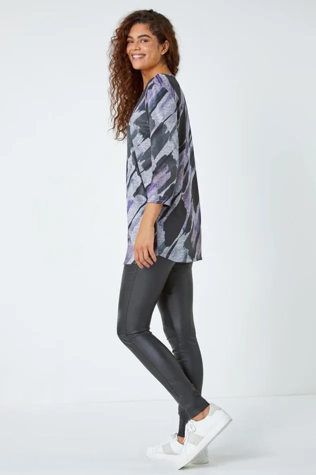 Purple Abstract Print Pocket Detail Tunic Top Women Roman Tops