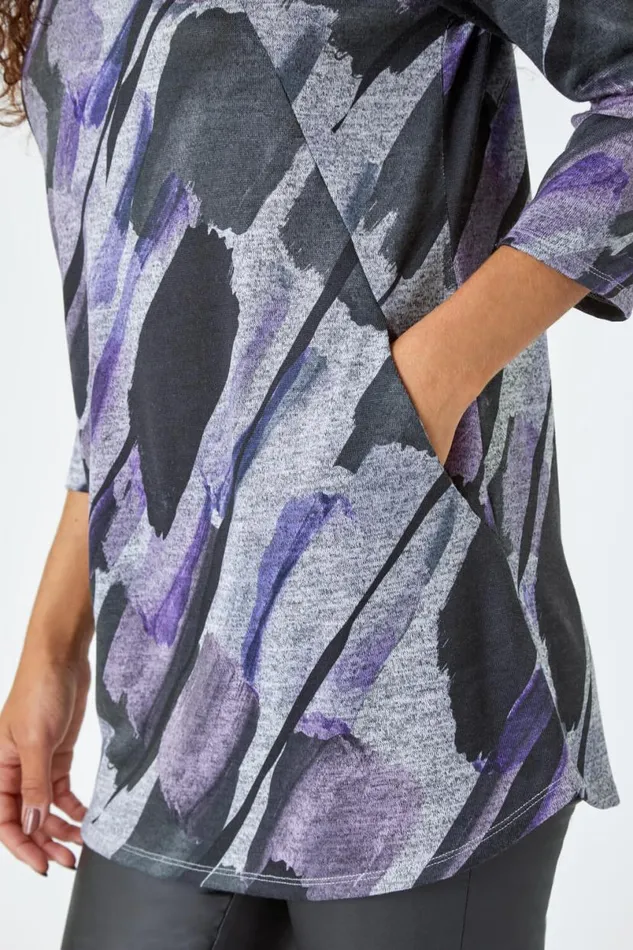 Purple Abstract Print Pocket Detail Tunic Top Women Roman Tops