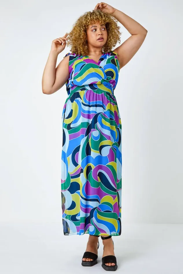 Purple Curve Abstract Shirred Chiffon Maxi Dress Women Roman Dresses