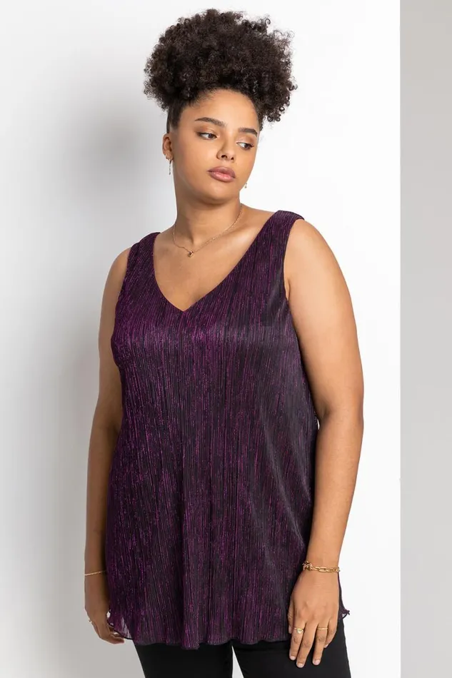 Purple Curve Metallic Plisse Chiffon Vest Top Women Roman Tops