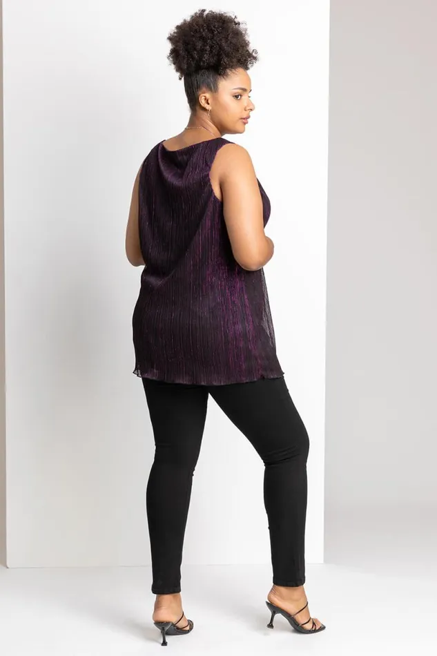 Purple Curve Metallic Plisse Chiffon Vest Top Women Roman Tops
