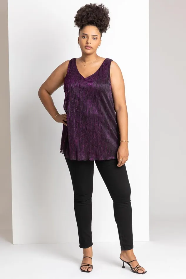 Purple Curve Metallic Plisse Chiffon Vest Top Women Roman Tops