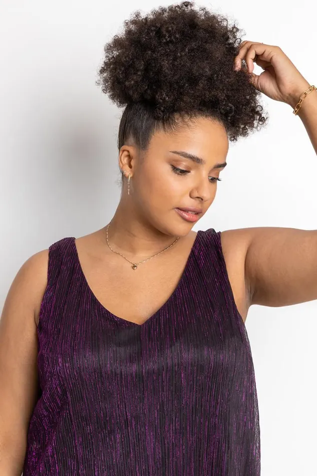 Purple Curve Metallic Plisse Chiffon Vest Top Women Roman Tops