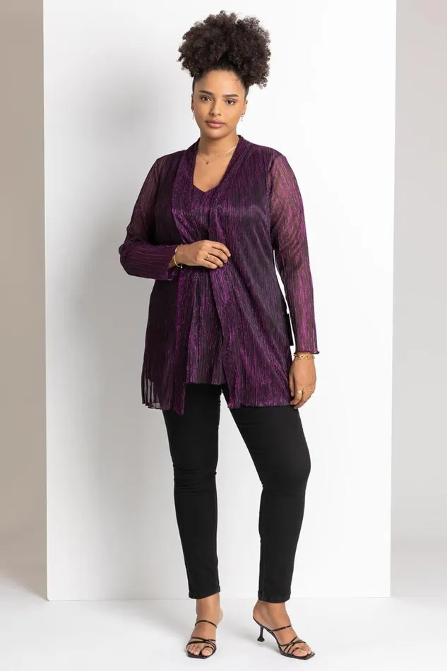 Purple Curve Metallic Plisse Chiffon Vest Top Women Roman Tops