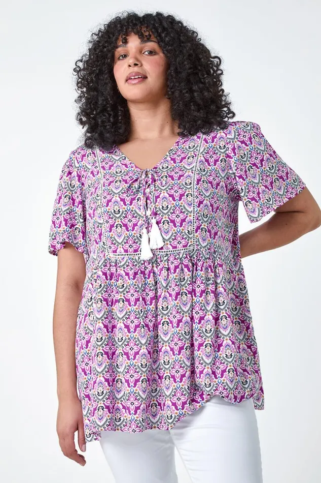 Purple Curve Tie Front VNeck Boho Printed Top Women Roman Tops